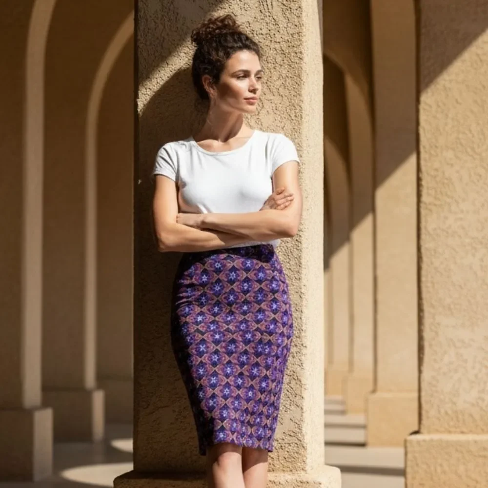 LuLaRoe Cassie XS Navy Geometric Arrow Chevron Pencil Skirt Pink Gold Stretch